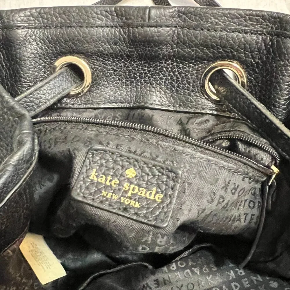 kate spade Black Leather Backpack Tessel Zip Pocket Drawstring Flap Bag - Picture 4 of 9
